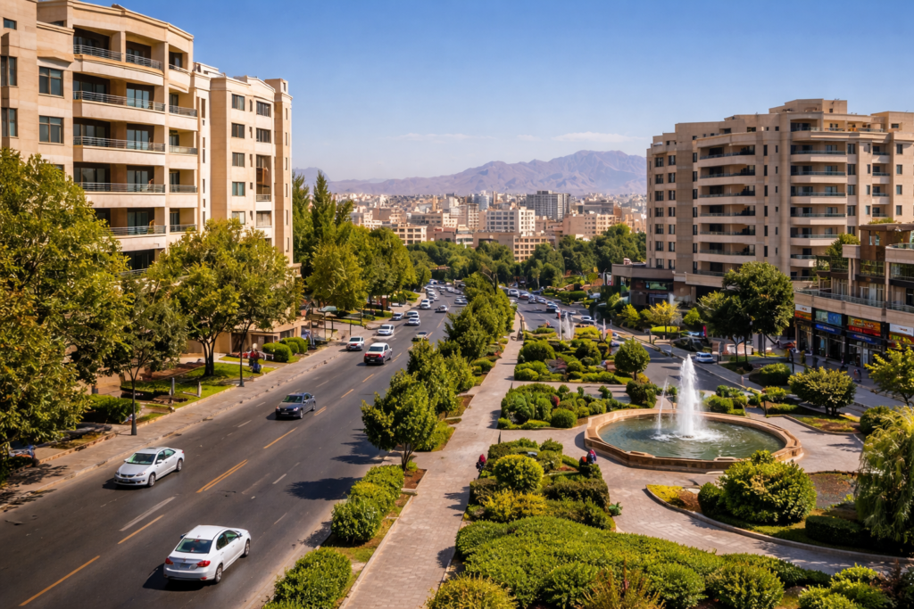 نمایی از محله مرداویج اصفهان با ساختمانها و خیابان